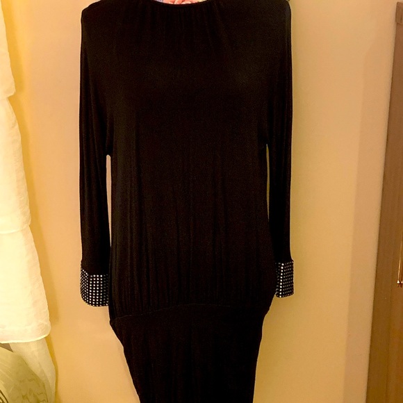 AKIRA OPEN BACK BLACK DRESS WITH RHINESTONE EMBELLISHED SLEEVES AND BACK. - Picture 7 of 7